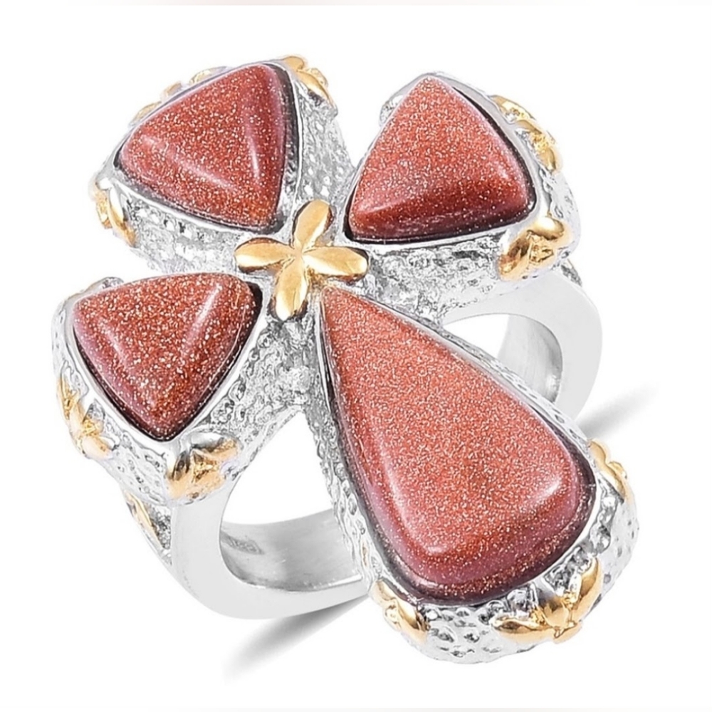 JTV Two-Tone Goldstone Stainless Steel Cross Statement Ring Size 11